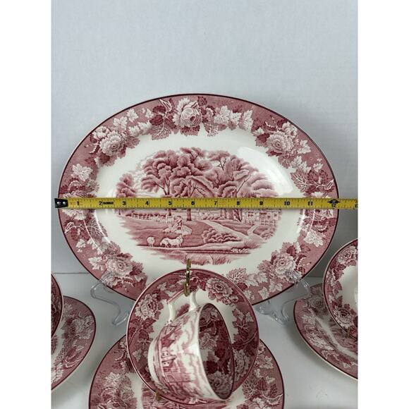 Wood & Sons English Scenery Pink Platter Sugar Bowl Tea Cups Lot Of 13 - Picture 11 of 12